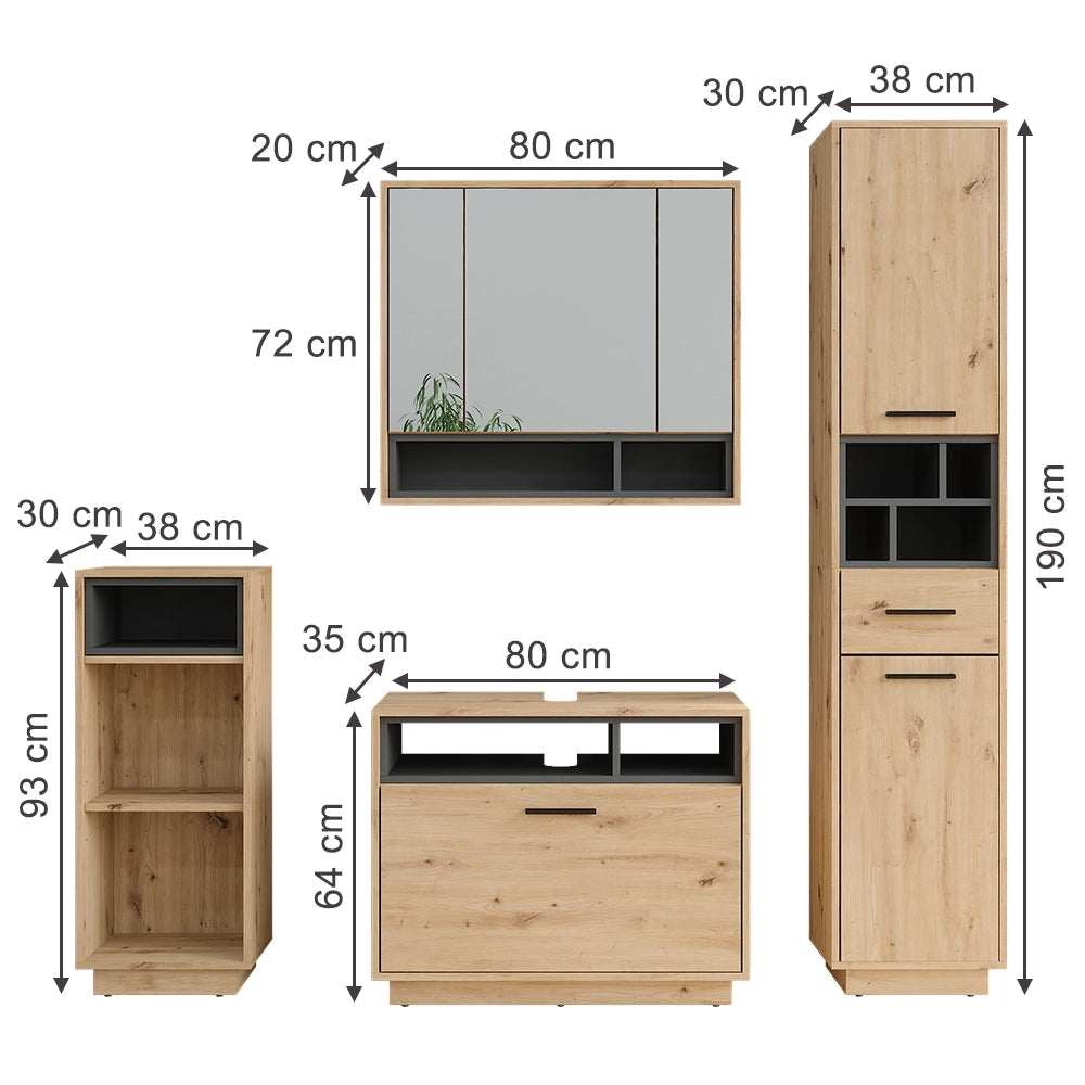 Vicco Set di mobili da bagno Rovere artigianale/antracite Set 4