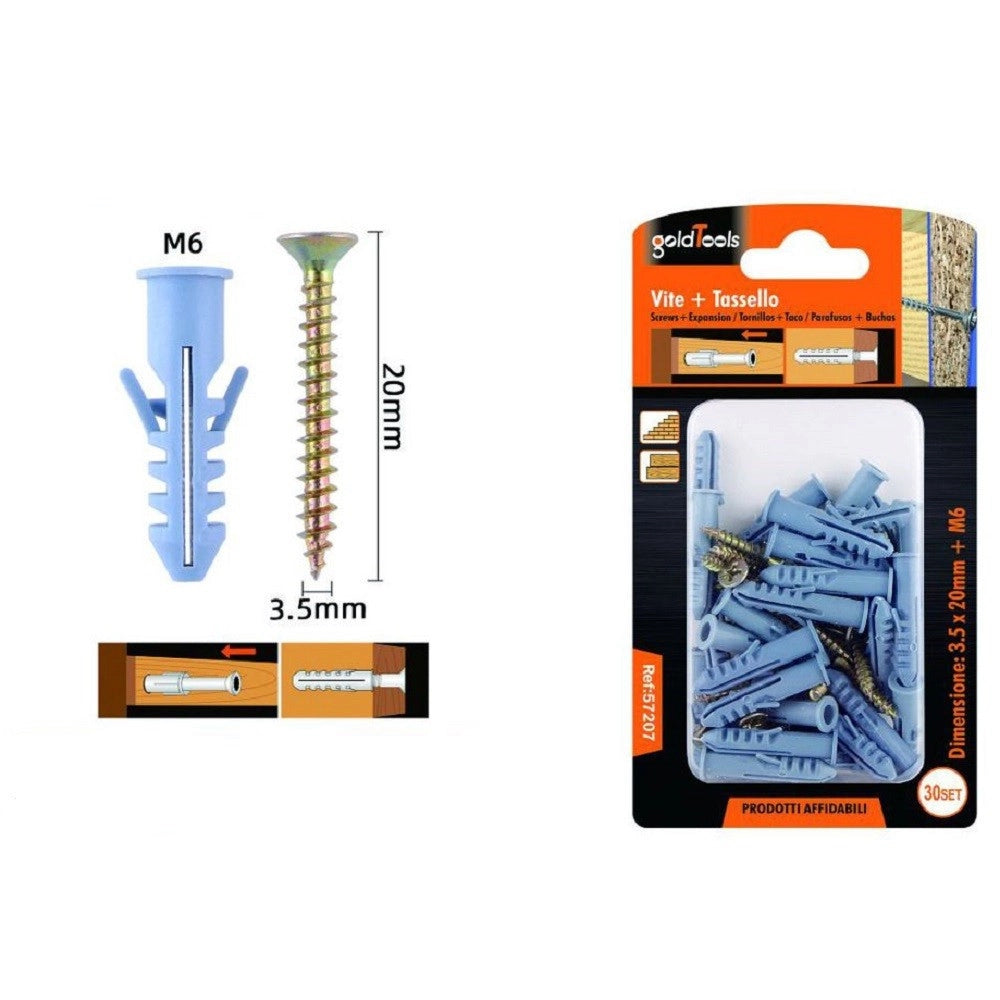 Trade Shop - Set 30 Pezzi Viti Vite 3.5x20 Mm + Tasselli Con Alette Tassello M6 Fischer 57207 -