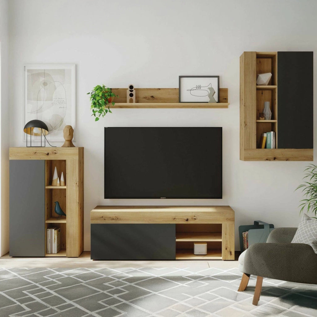 Parete attrezzata Atex, Set da soggiorno moderno, Mobile salotto multiuso, 260x41h102 cm, Rovere Nodi e Antracite