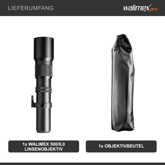 Obiettivo fotografico 500/8,0 per fotocamere varie, Teleobiettivo per full-frame e APSC, con diaframma a iride, per fotocamera DSLR