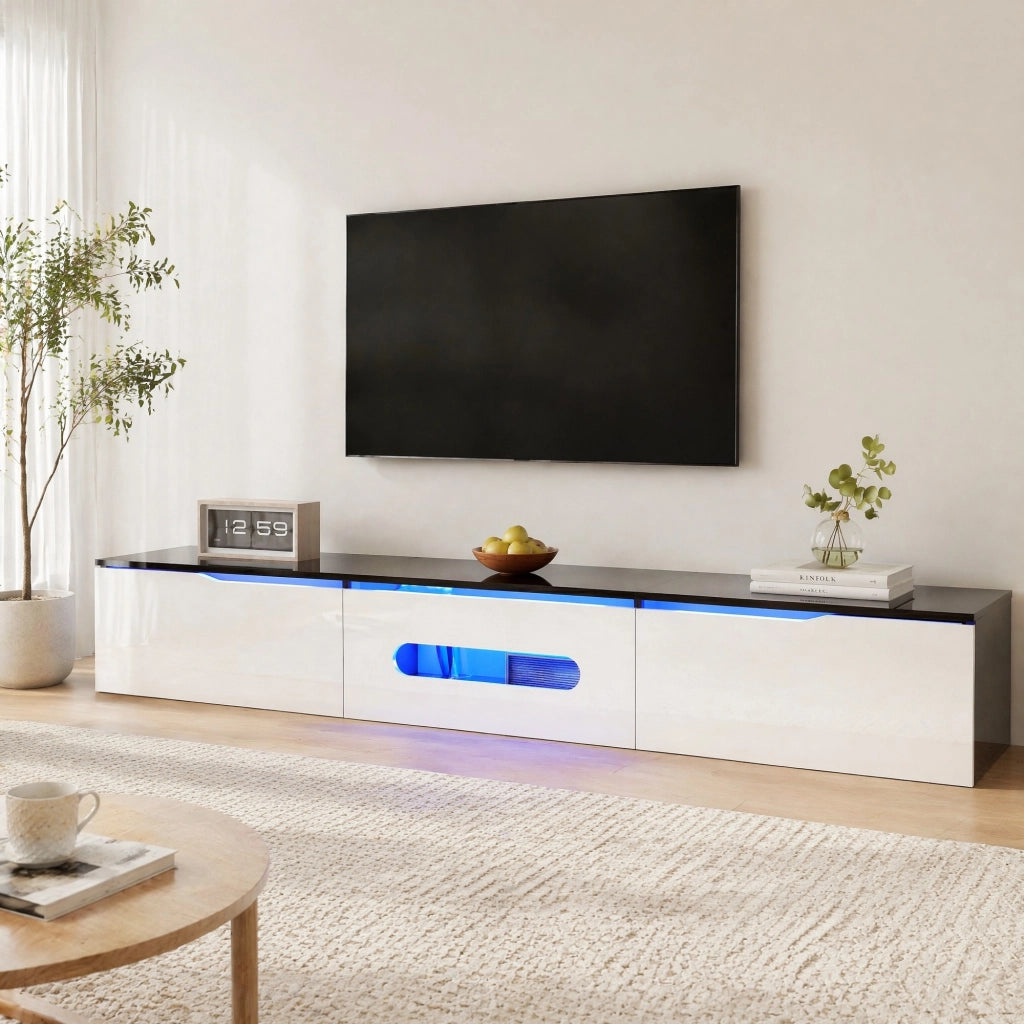 Mobile TV moderno 180x35x30 cm con LED 16 colori; MDF e truciolare; nero e bianco