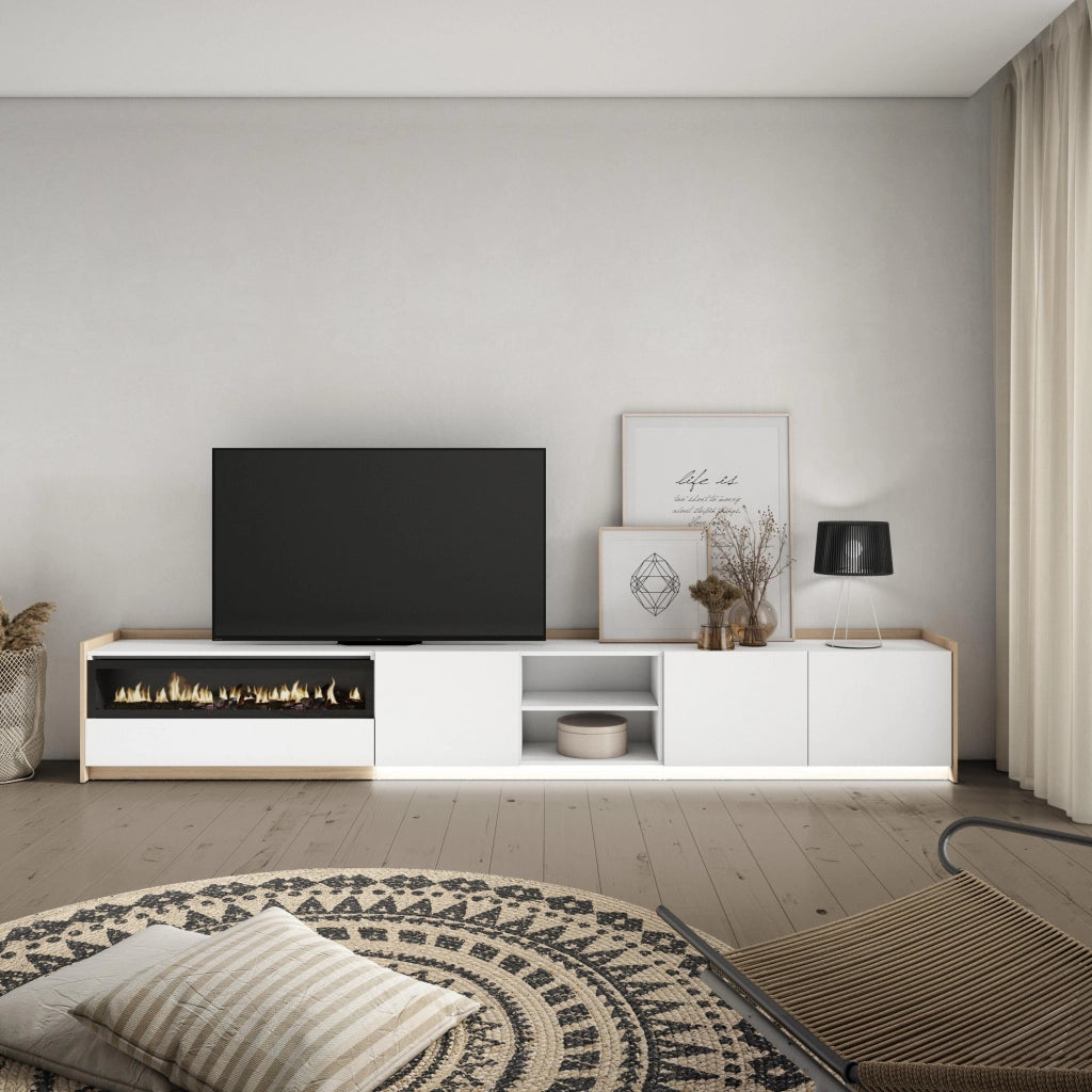 Mobile TV Soggiorno, 310x50x37 cm, Per TV fino a 80", Camino elettrico, LED, Bianco e Rovere soft