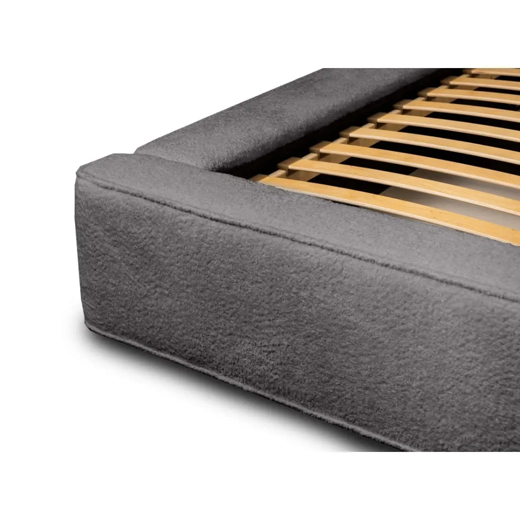 Letto contenitore VELORA – Grigio cenere bouclé – 160x200 cm – Tessuto velluto morbido – Rete sollevabile – Spazio di stoccaggio integrato