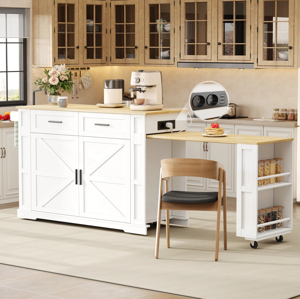 Isola cucina mobile con piano estraibile 130/205 x 50 x 93 cm; MDF; naturale e bianco