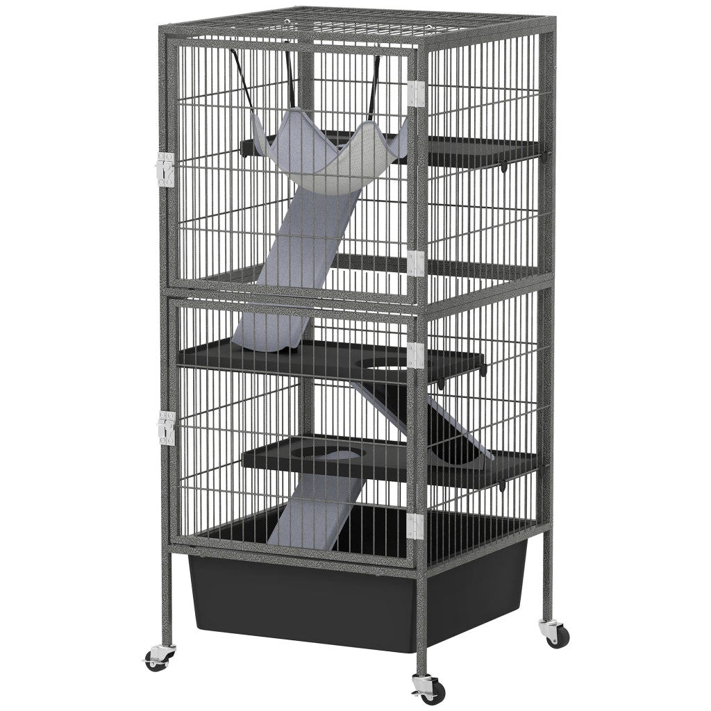 Gabbia per Piccoli Animali a Livelli con Rampe e Ruote ¨C zephmum ¨C Grigio 52x52x115 cm