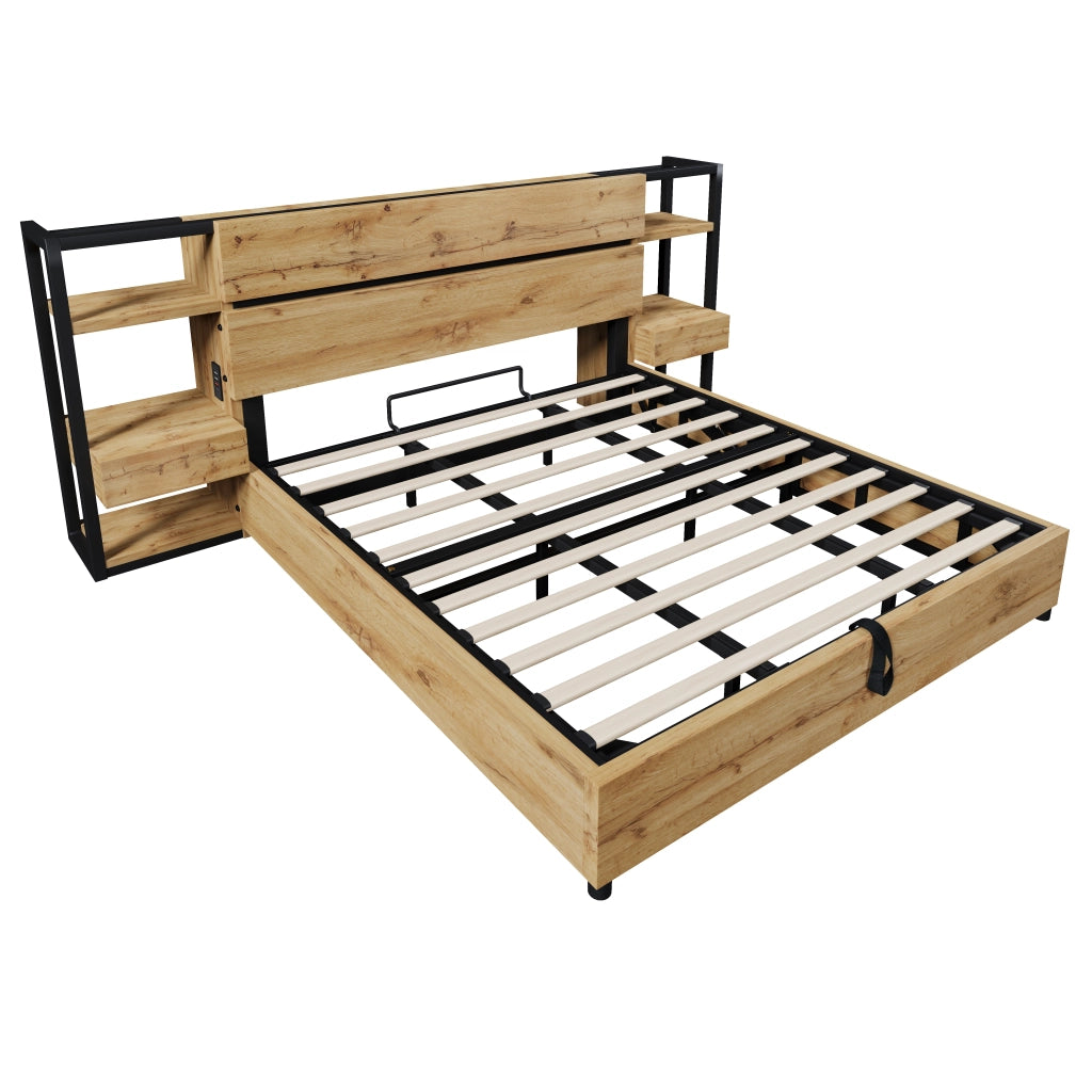 Letto matrimoniale 180x200 cm in legno e metallo con contenitore, testiera con cassetti e porta USB Type-C, rovere