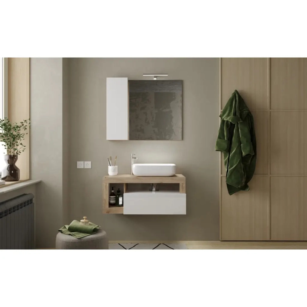 Mobile da bagno sospeso con lavabo e cassetto, lunghezza 92 cm, collezione BURA, bianco lucido/quercia chiara.