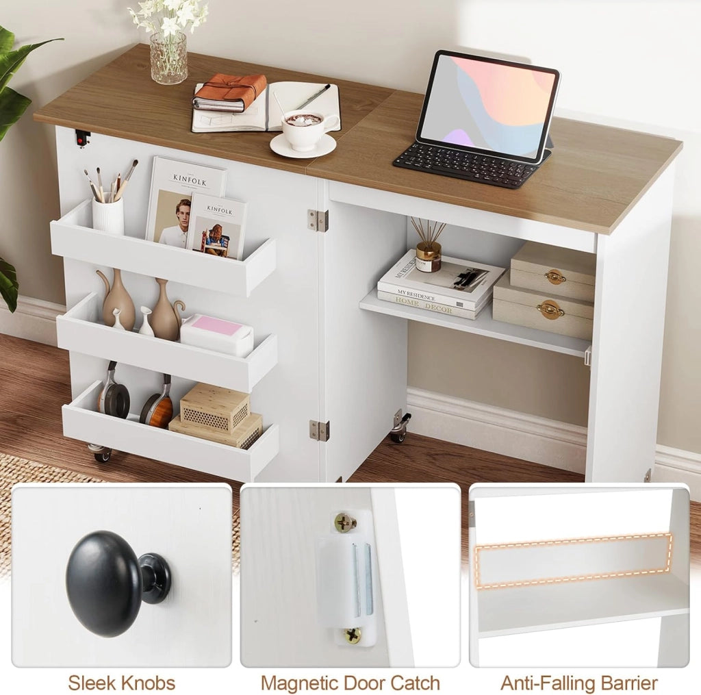 Tavolo da Cucito Pieghevole con Ruote, Mobile per Macchina da Cucire con 4 Ripiani Aperti e Ampio Piano di Lavoro, Ideale per Soggiorno, Camera da Letto e Sala Hobby (Bianco+Naturale)
