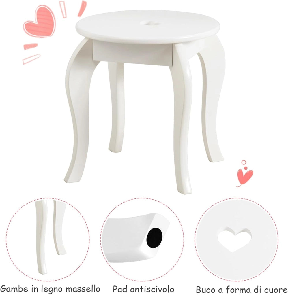 Toeletta Trucco per Bambina, Specchiera per Ragazzi in Legno Robusto, Postazione Trucco 2 in 1 con Cassetto, Sgabello e Specchio Staccabile, 70 x 34 x 105 cm (BIANCO)