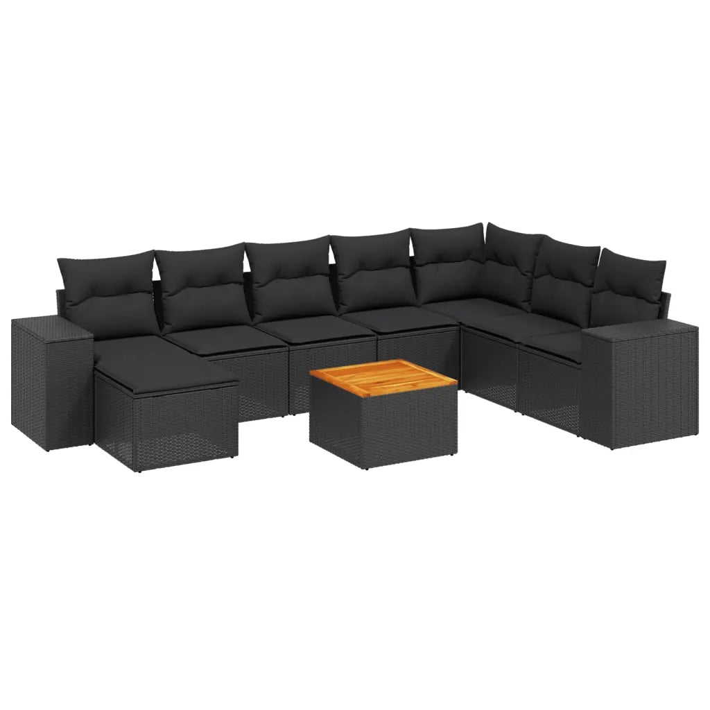 Set Divani da Giardino 9 pz con Cuscini Nero in Polyrattan