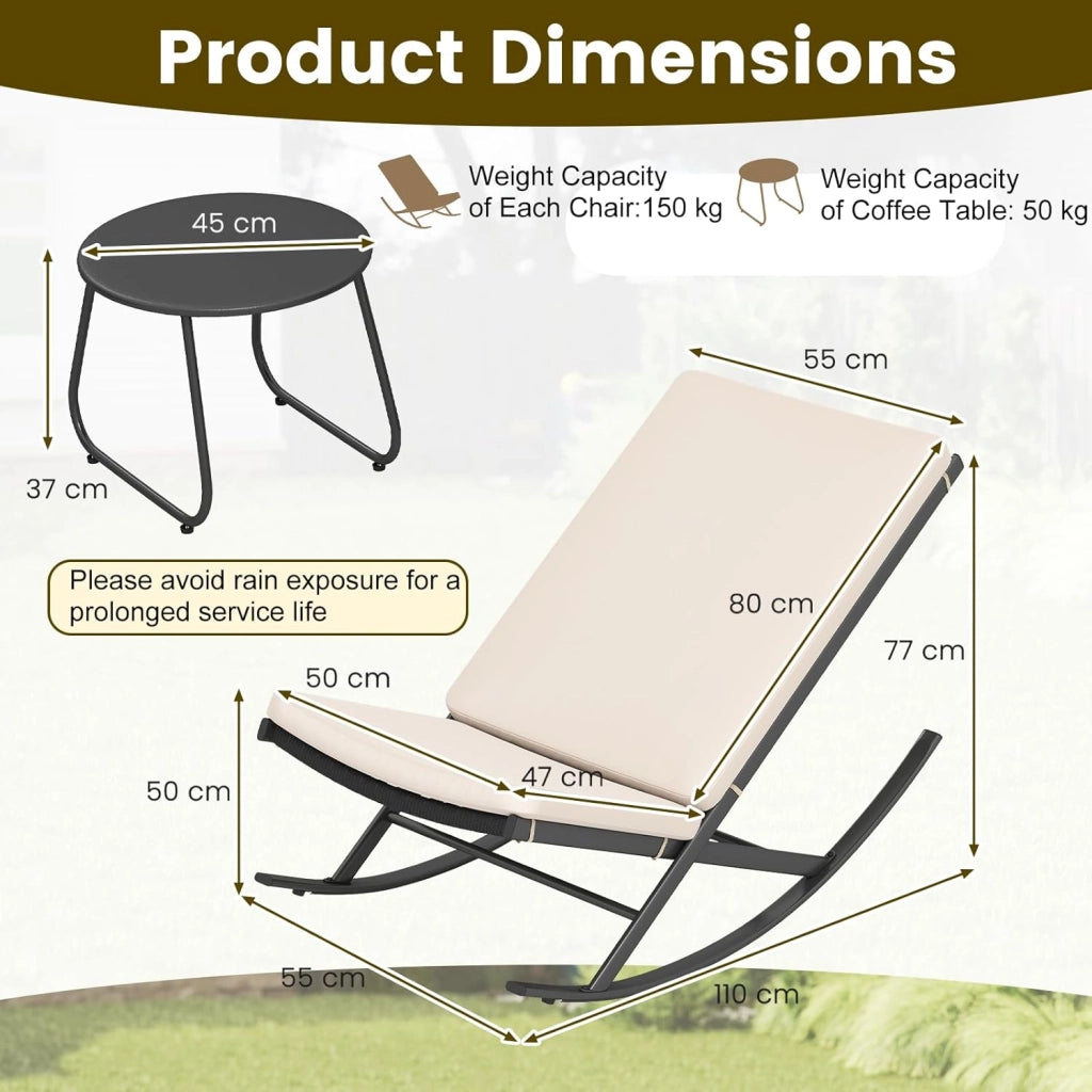 Set di Bistro 3 Pezzi, Sedie a Dondolo da Esterno in Rattan con Tavolino da Caffè, Set di Mobili da Conversazione per Veranda con Cuscini in Cotone per Giardino, Balcone, Bordo Piscina