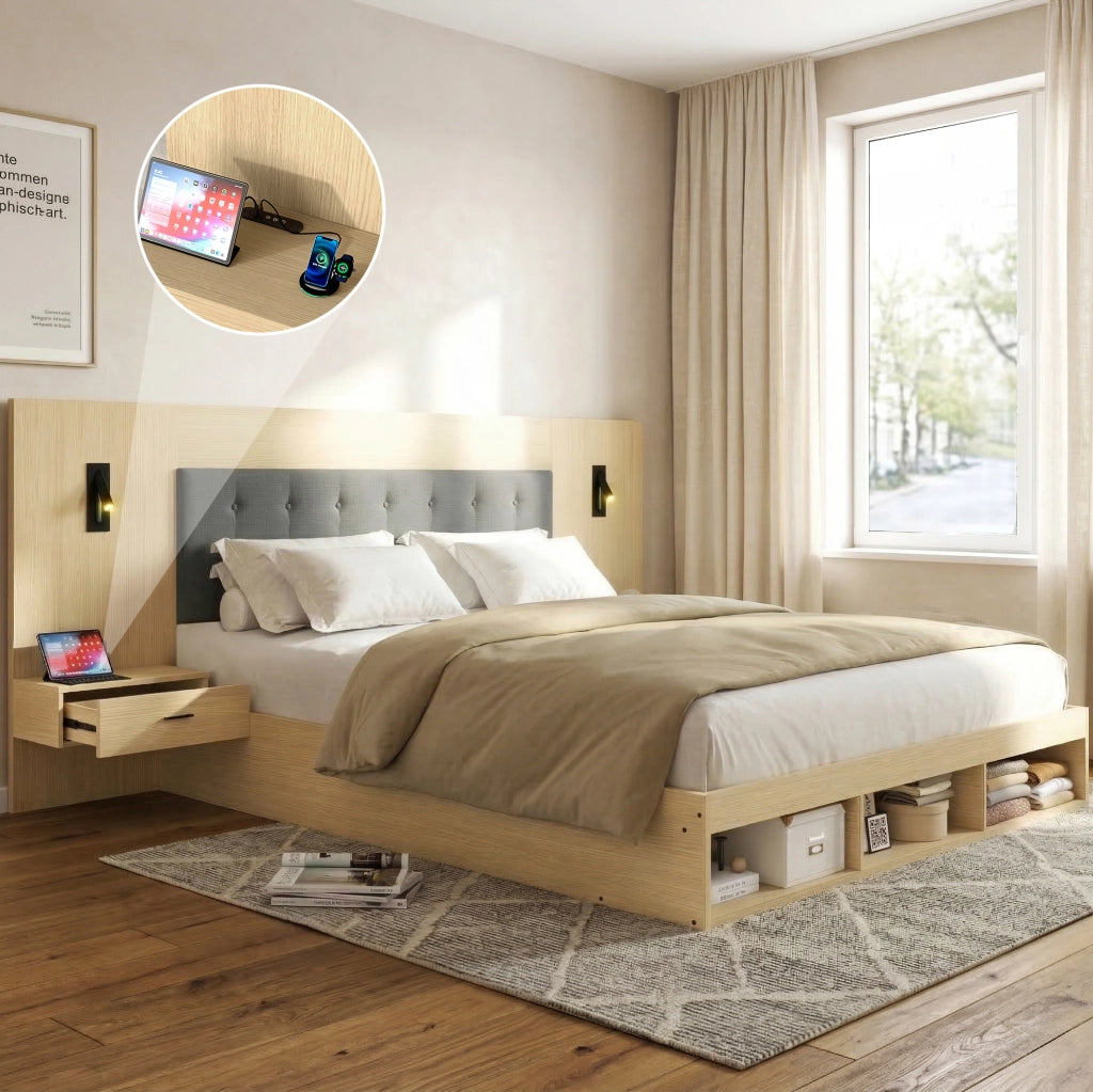 Letto matrimoniale contenitore 180x200 cm con faretti orientabili; USB C e 2 comodini; MDF rovere chiaro