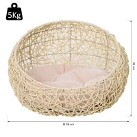 Cuccia per Gatti e Animali Domestici, Cesta in Rattan Beige con Cuscino in Cotone (Ф56 x 35 A cm)