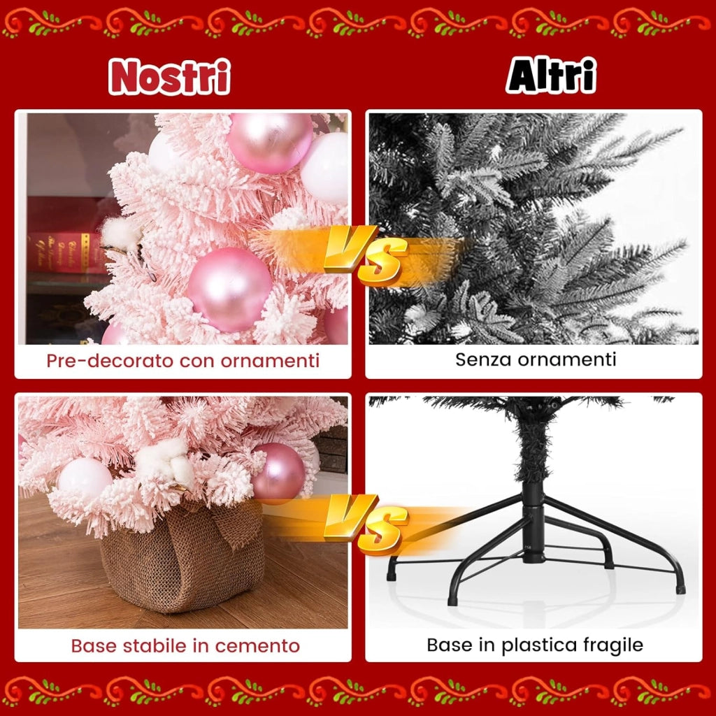 Albero di Natale Artificiale Mini 90 cm, Albero di Natale Innevato da Tavolo con 12 Palline di Cotone Naturale, 24 Palline Decorative e Rami Imbiancati, Decorazione per Feste (Rosa)