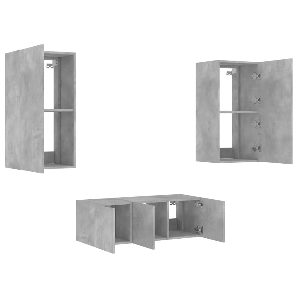 vidaXL Mobili TV a Muro con LED 4pz Grigio Cemento Legno Multistrato