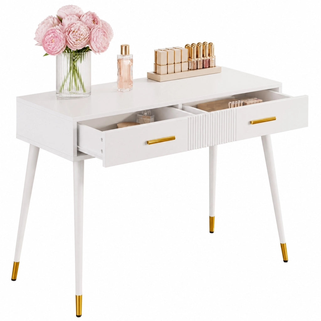 Tavolo toeletta multifunzione bianco con 2 cassetti, gambe in metallo, 100 x 40 x 76 cm