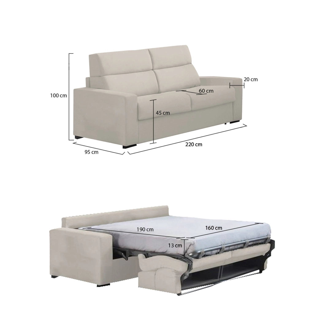 Marcon, Divano Letto 3 Posti Sfoderabile Made in Italy, 220x95 cm Beige