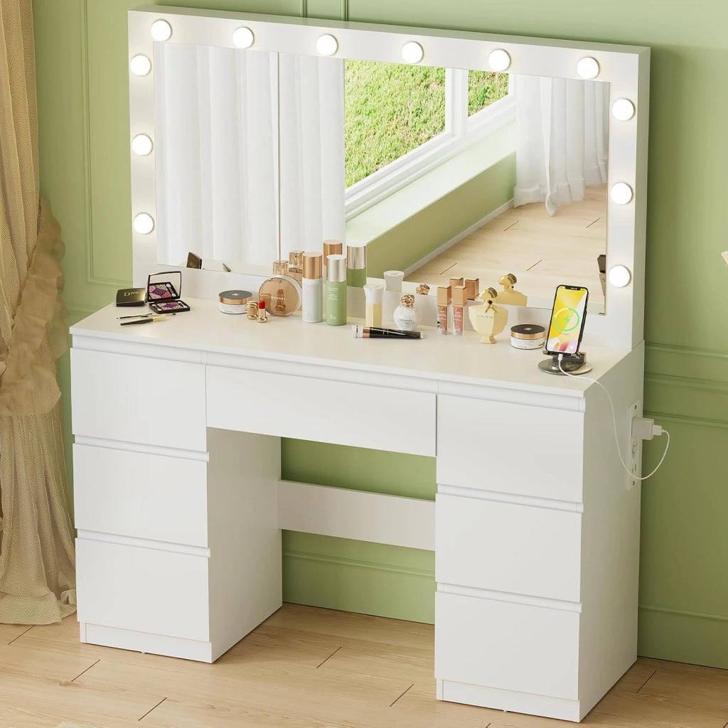 Toeletta da Trucco con Luci e Prese, Luminosità Regolabile,Postazione Trucco,Tavolo da Trucco con Specchio Grande,7 Cassetti,Moderno, Bianco