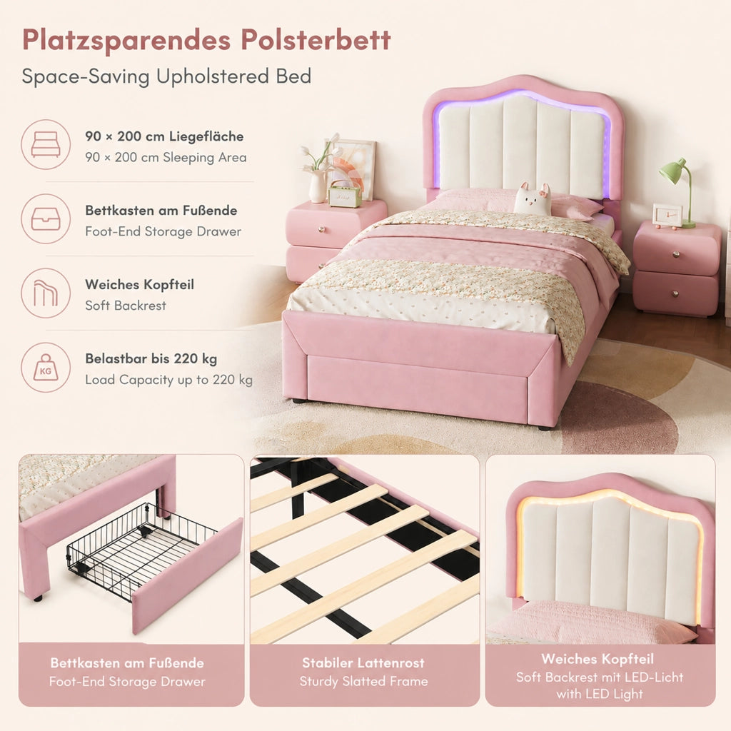 letto imbottito velluto rosa 90 x 200 cm