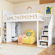 DESMIU Letto a Soppalco Singolo con Scala Contenitore, Scaffali e Armadio Pieghevole 90 × 200 cm, Senza Materasso