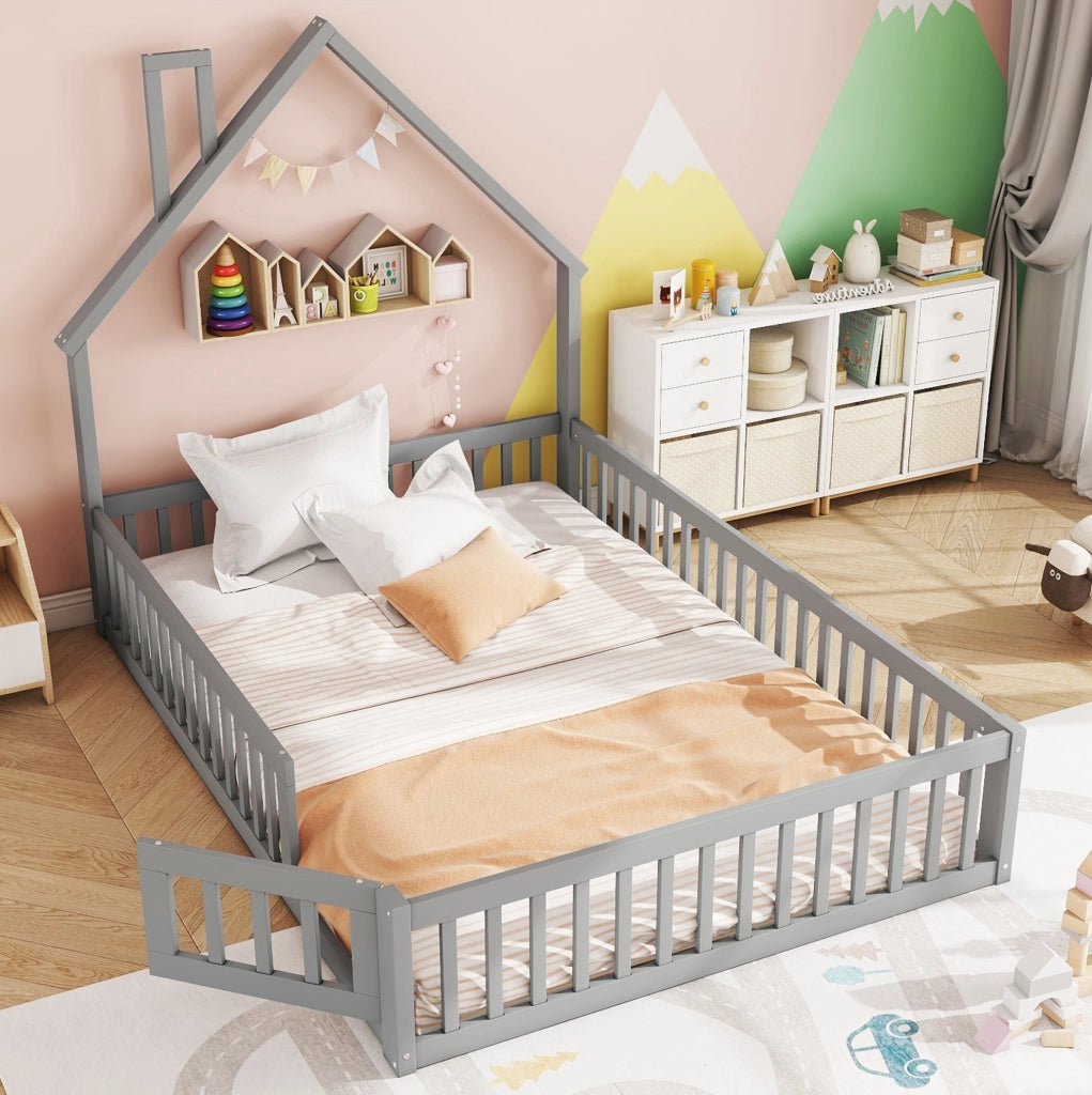 Letto per bambini 140x200 cm camino creativo; pino e MDF; grigio (Senza materasso)