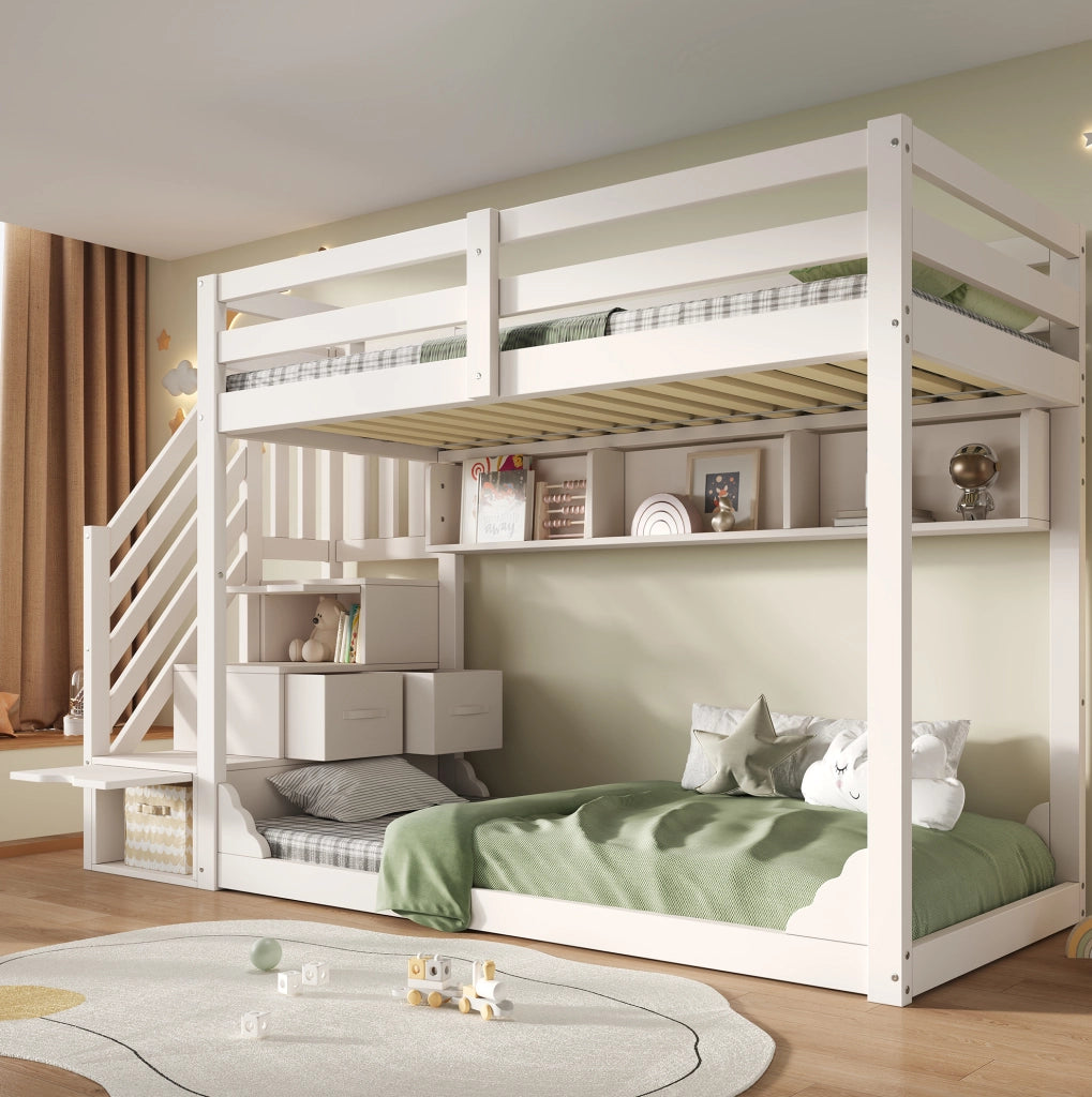 Letto a castello 90x200 cm bianco con scala contenitore