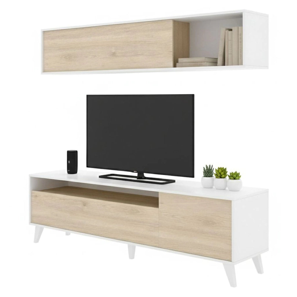 Parete attrezzata Arusha, Composizione soggiorno, Mobile salotto multiuso, Armadio porta TV, 180x41 h180 cm, Bianco e Rovere