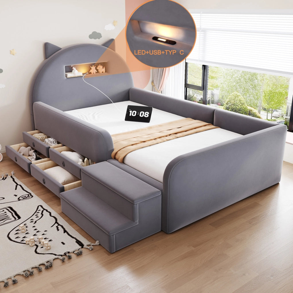 Letto imbottito per bambini 90x200 cm in velluto grigio scuro; testiera con luce notturna e USB