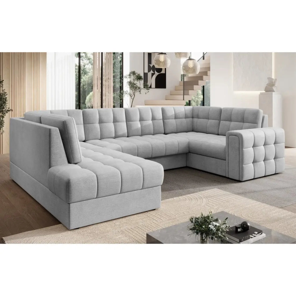 Divano angolare convertibile MONTEZA grigio sinistro 299 cm con contenitore e letto