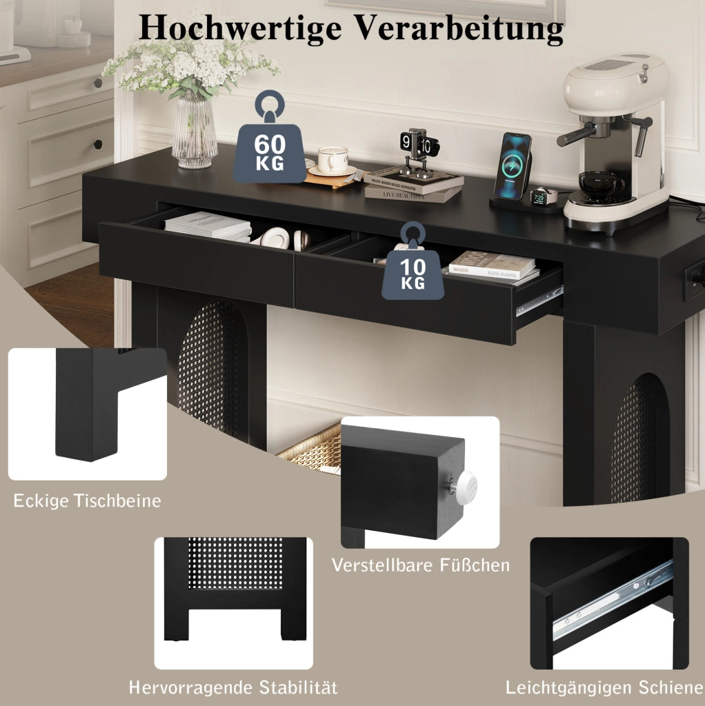 Tavolo consolle con 2 cassetti e multipresa USB/Type-C 120x35;5x76;5 cm in MDF nero