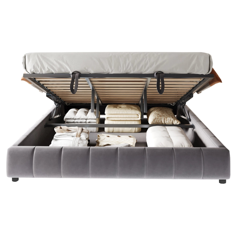 Letto imbottito 180x200 cm con contenitore, LED bianco integrato, struttura idraulica e senza testiera, grigio