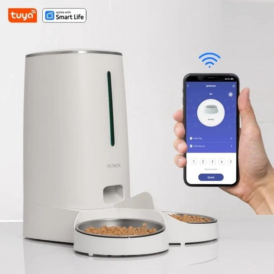 Automatizzatore di Cibo per Gatti Wi-Fi per 2 Gatti fino a 10 Pasti fino a 36 Porzioni diverse Dispensatore di Cibo per Gatti da 4l con App Control Doppie Valvole in Acciaio Inossidabile Allarme Cibo a Basso Livello in Bianco