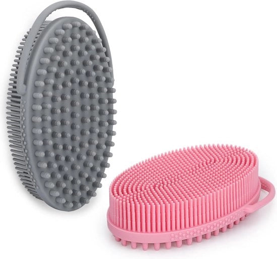 Due corpi di spazzola in silicone con presa integrata, spazzola corpo 2 in 1 per la pulizia profonda e la massaggio, facile da afferrare e da appendere, igienico e duraturo