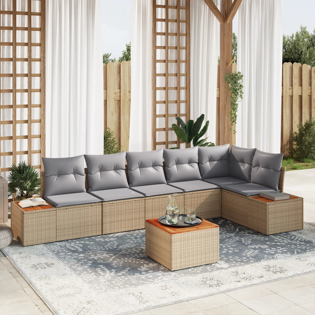 Set divani giardino 7 pezzi con cuscini beige in polyrattan e acacia