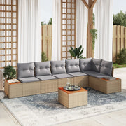 Set divani giardino 7 pezzi con cuscini beige in polyrattan e acacia