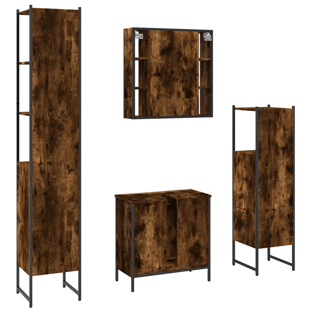 Set Mobili da Bagno | Armadio da bagno 4 pz Rovere Fumo in Legno Multistrato
