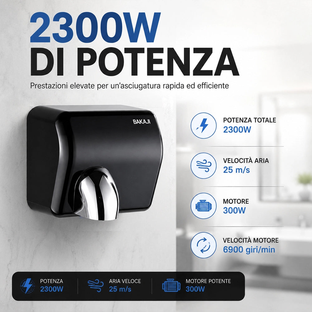 Asciugamani Elettrico Nero da Hotel Aria Calda a Parete 2300W con Fotocellula
