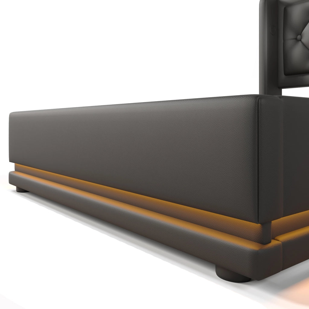Letto singolo 90x200 cm in PU nero con contenitore; testiera imbottita; LED e USB Type-C