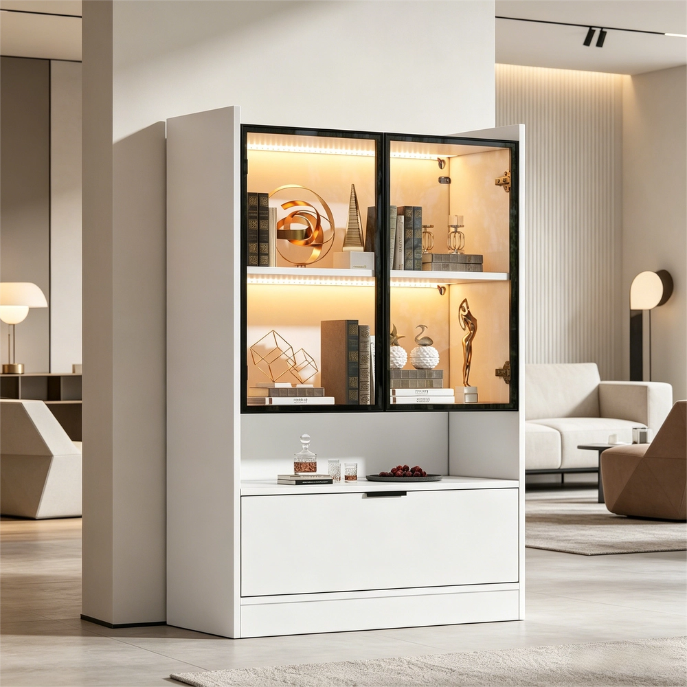 Vetrina LED con Ante in Vetro e Luce 16 Colori ¨C MINIMAL ¨C Bianco, Legno, 120cm