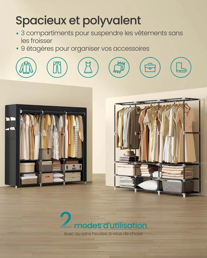 Armadio per camera da letto in tessuto appendiabiti 45 x 127 x 176 cm 2 scomparti appendiabiti con ripiani 4 tasche grande capacità per camera da letto/soggiorno nero 12_0003968