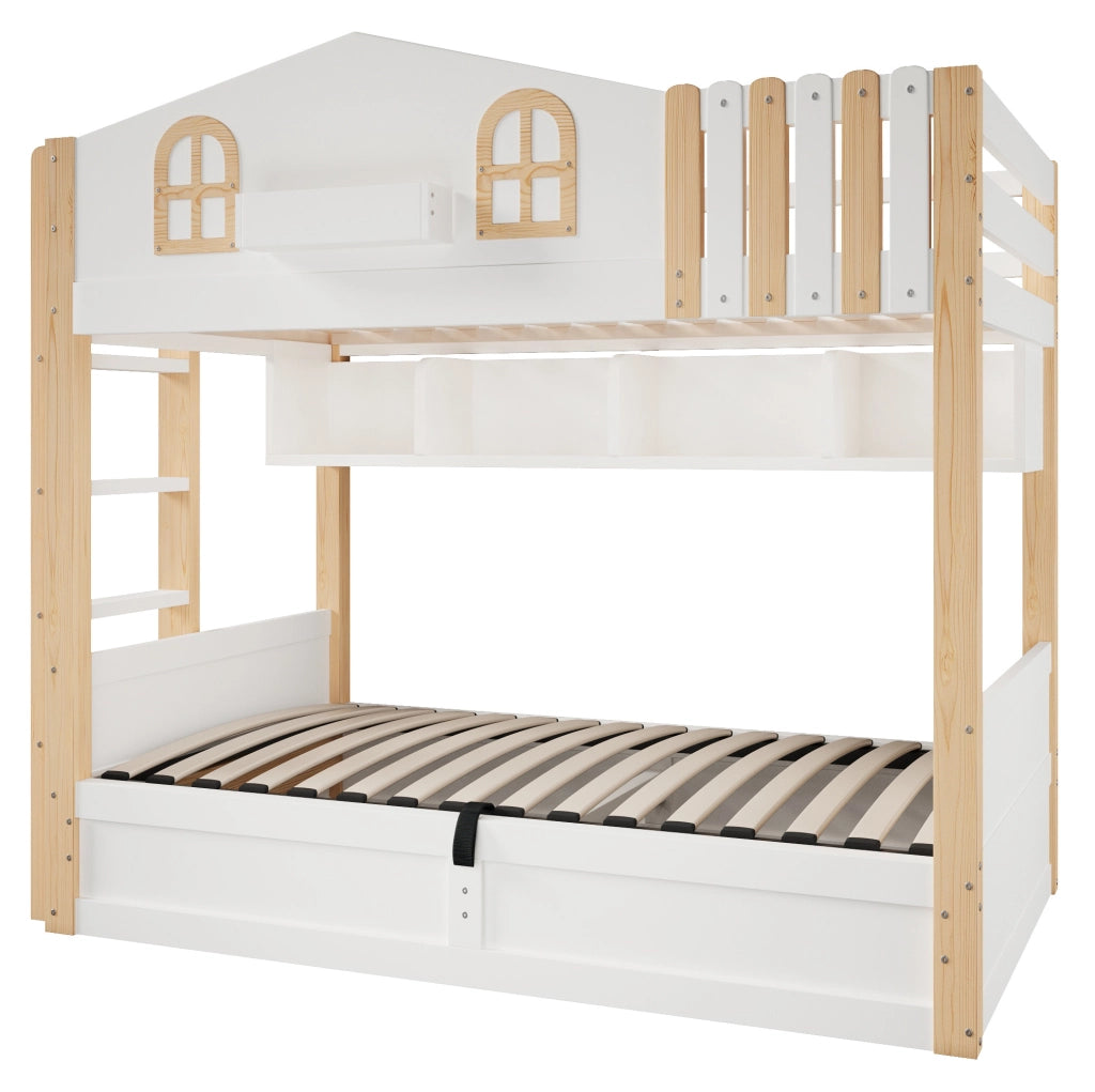 Letto a castello 90x200 cm a casetta con contenitore idraulico; LED; bianco e rovere