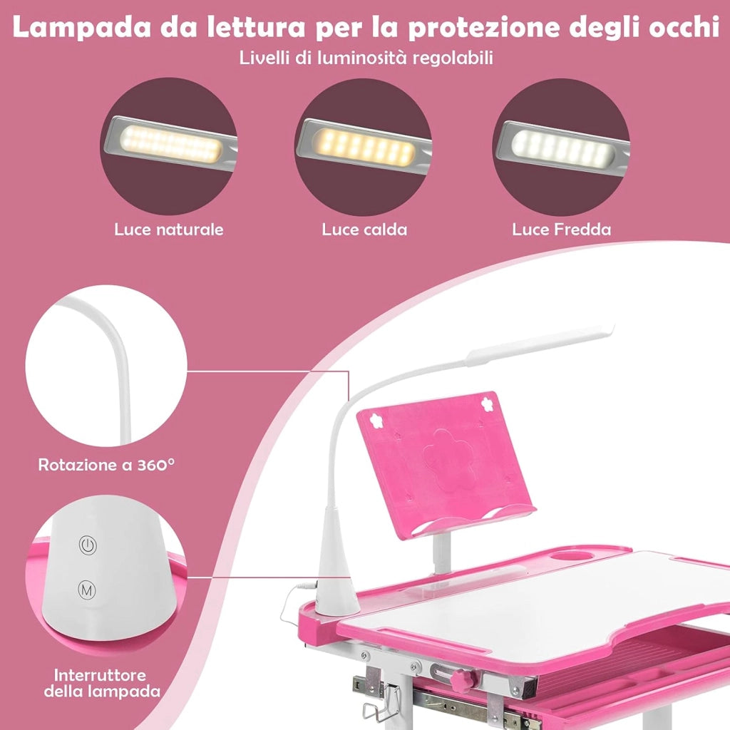 Set Scrivania e Sedia per Bambini, Tavolo per Studiare con Altezza Regolabile, Luce LED e Superficie Inclinata, Scrivania e Sedia per Bambini per Istruzione (Rosa)