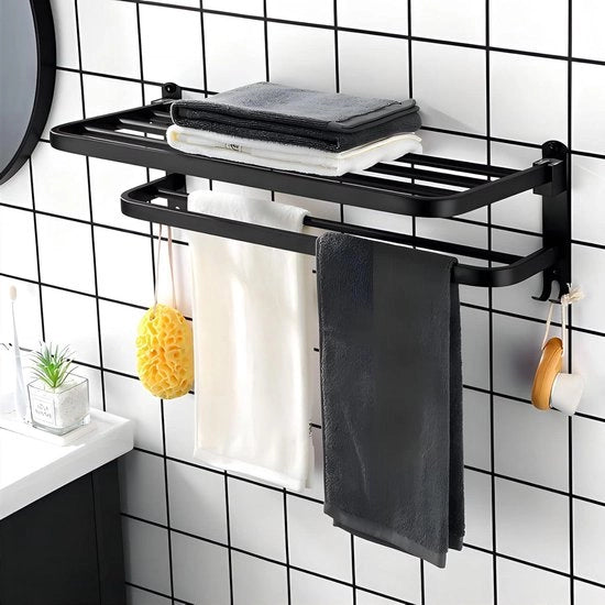 Supporto per asciugamano per radiatore a doppie aste in acciaio inossidabile - Sostegni per asciugamano neri - Plank - Flessibile - Supporto per asciugamano per la doccia - Ganci - 38 cm