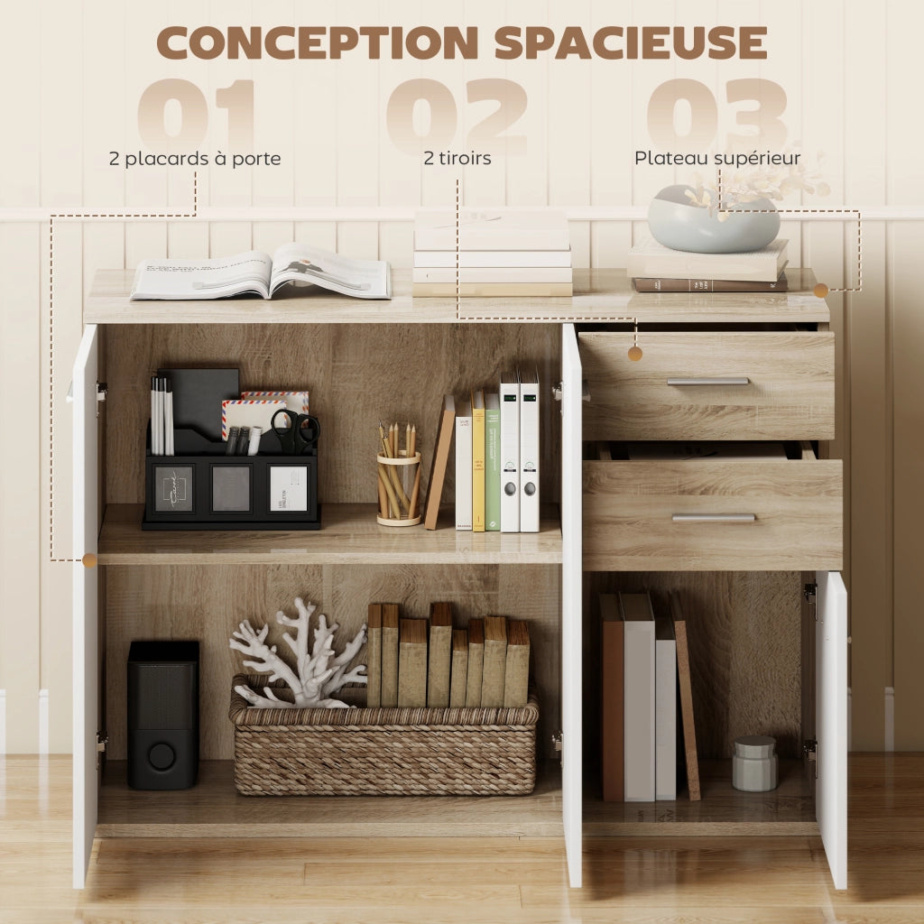 Cassettiera con 2 cassetti e 3 ante ¨C Minimal ¨C bianco e legno naturale 106x35x76 cm