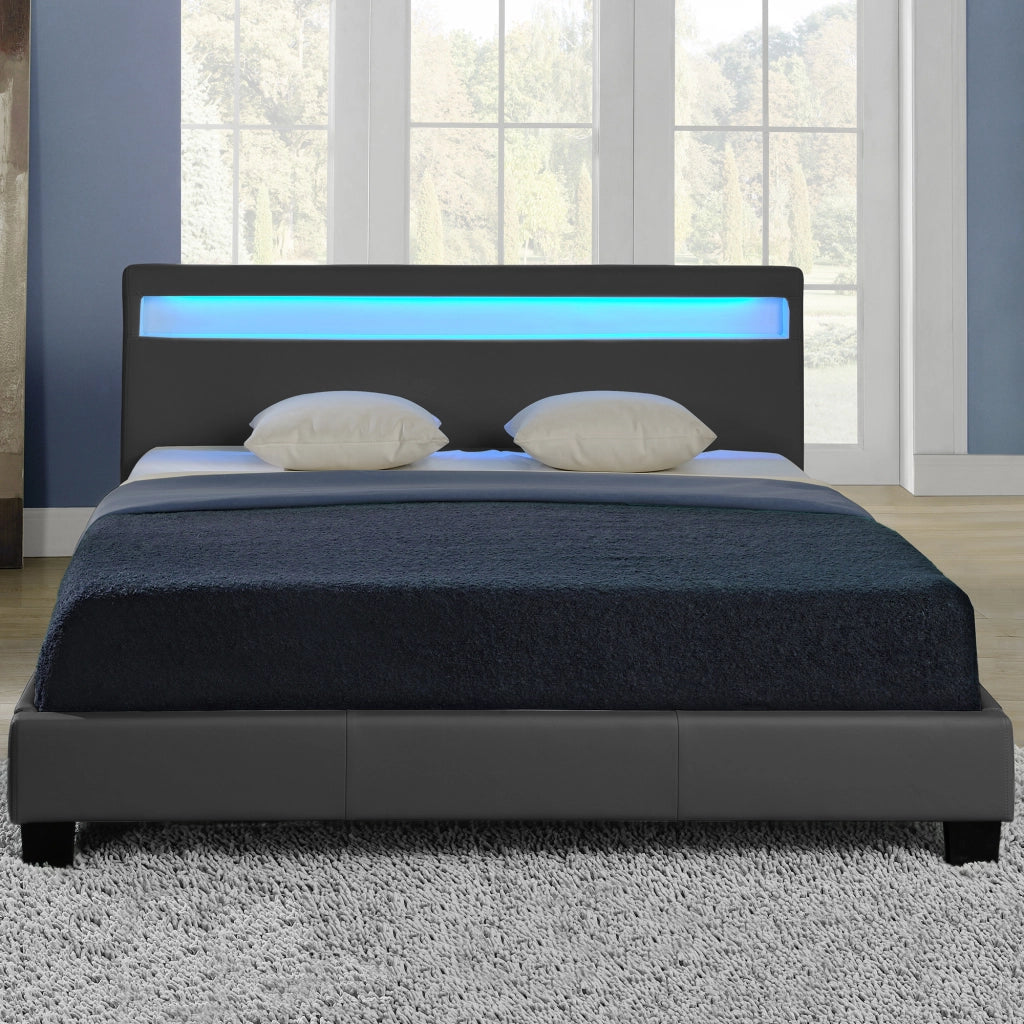 Letto Francese con Materasso 140x200 cm Testiera Alta con Illuminazione a LED Similpelle - Grigio Scuro Corium