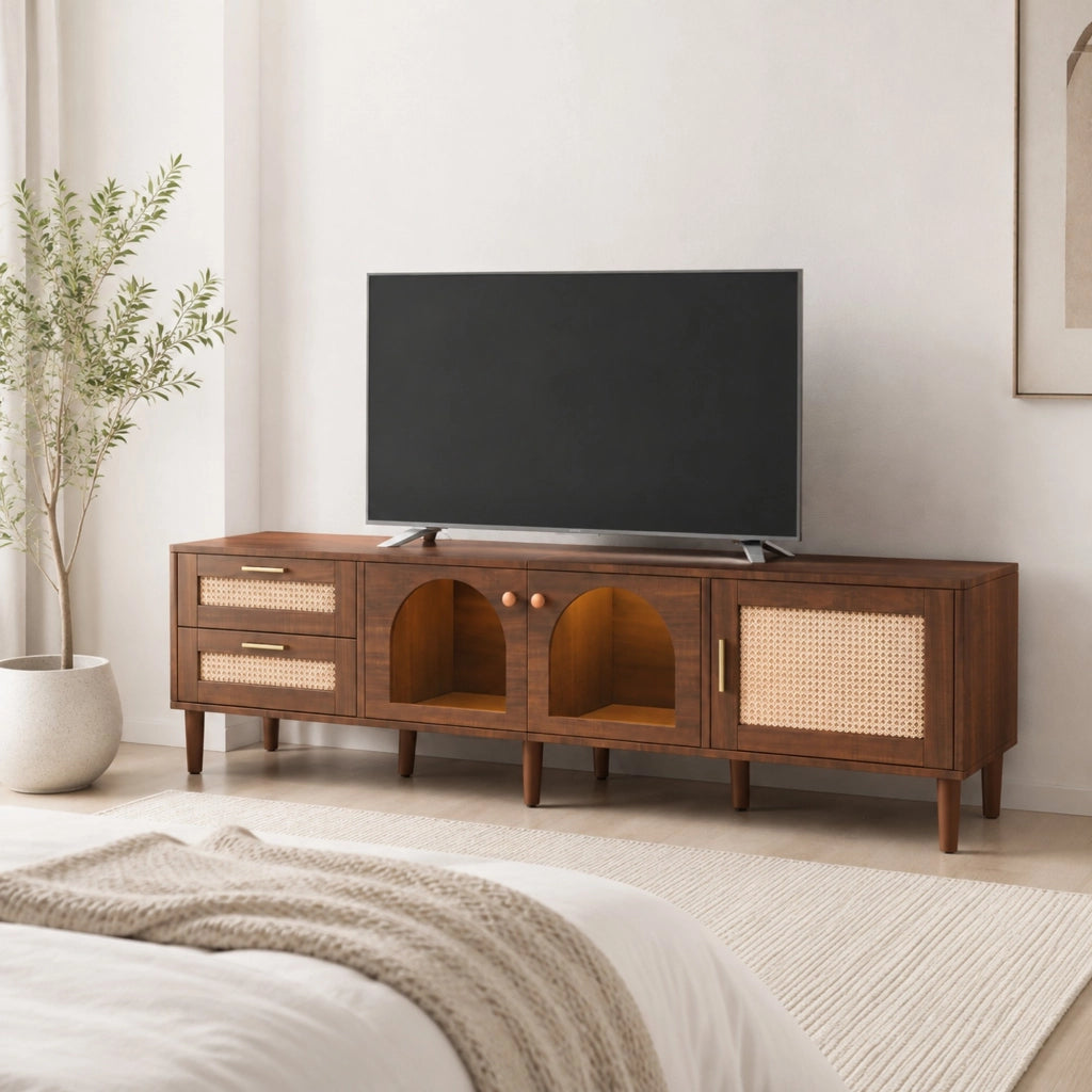 Mobile TV marrone 180 cm con LED, ante in vetro e rattan