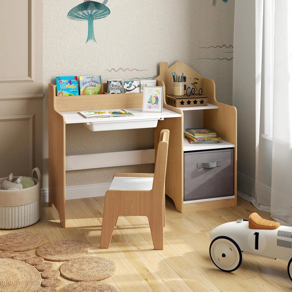 Set Scrivania e Sedia per Bambini 3-12 Anni, Tavolo e Sedia in Legno Salvaspazio con Cassetto in Plastica e Cassetto in Tessuto, Banco Scuola e Seggiola per Cameretta (Naturale)