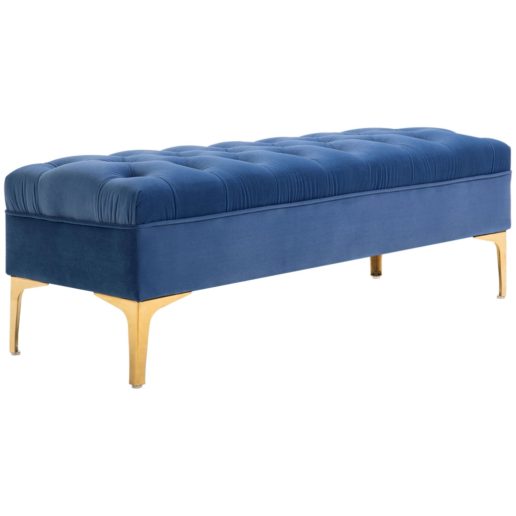 Panca imbottita in velluto blu con gambe dorate, 118 x 45 x 42 cm, portata 120 kg