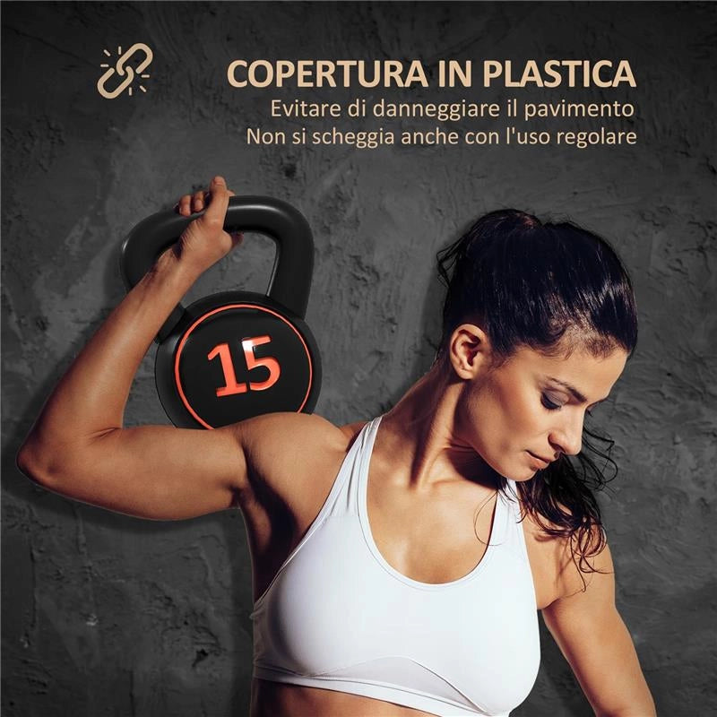 SET 3 KETTLEBELL DA 2.2 KG, 4.5 KG E 6.8 KG CON BASE PIATTA E PORTAPESI, IN PLASTICA E SABBIA, NERO