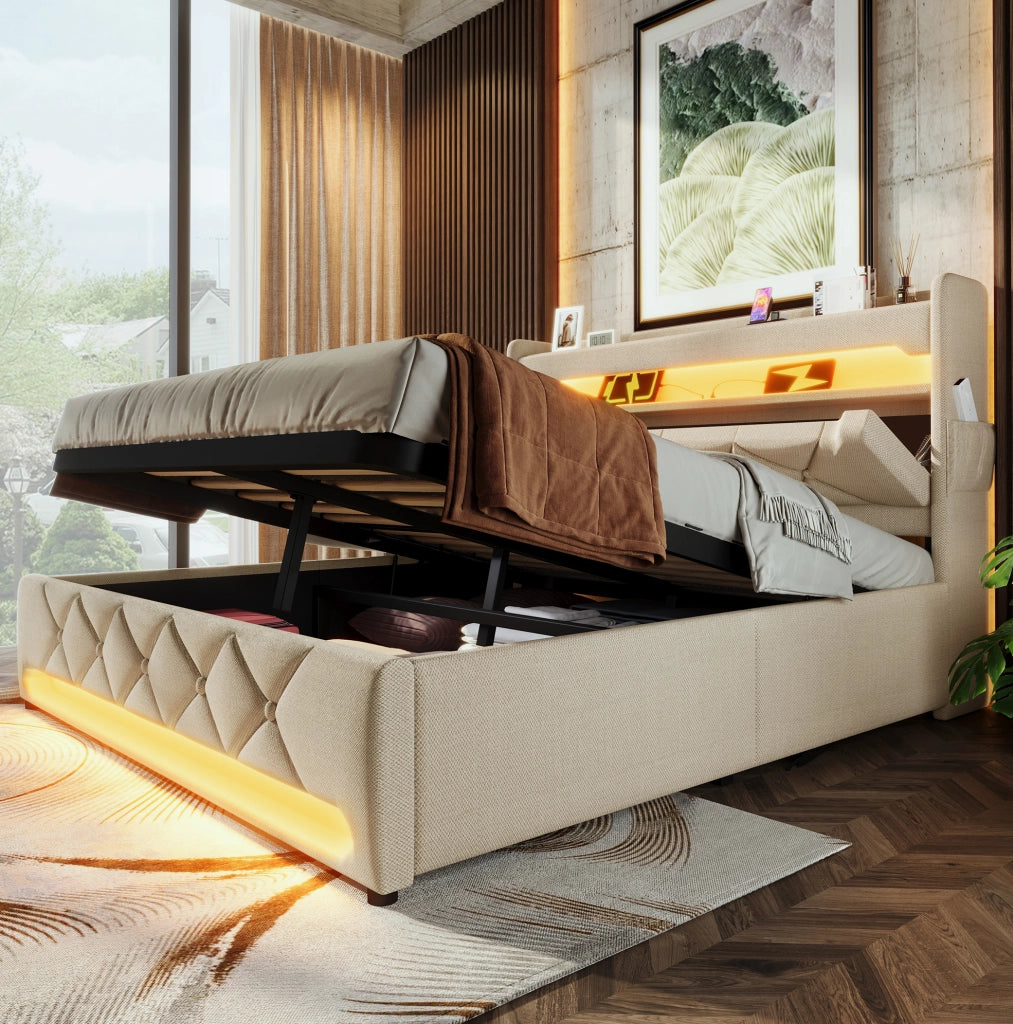 Letto matrimoniale 140x200 cm in lino beige con LED; USB; Type C; contenitore e materasso